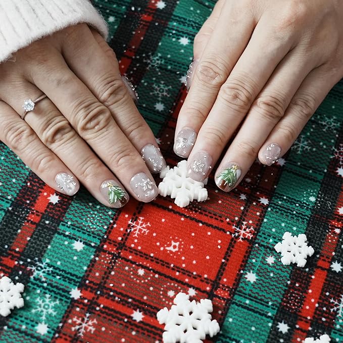 Winter Bling Press on Nails Short Coffin Handmade Fake Nails with 3D Snowflake Gems Design, Silver Glitter Artificial Nails Tree Light Design Reusable Stick on Nails (Winter Snow Scene,S)