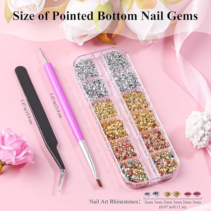 4200 Pcs Nail Art Rhinestones Kit,2-3mm Shiny Gold/Silver/Mixed Colors Rhinestones,3D Pointed Bottom Nail Gems with Tweezers and Dual-end Brush for Manicure DIY Crafts Face Makeup(26-K1-pointed-GS)