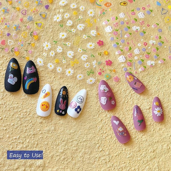 Zoance 90 Sheets Gold Nail Art Stickers & Storage Book,5000 Pieces 3D Self-Adhesive White Floral Nail Stickers with Blue Rhinestones Designs,Multicolor Nail Decals for Women Girls Manicure Decorations