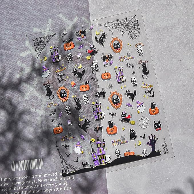 Halloween Nail Stickers Haunted House Ghost Nail Designs Pumpkin Cat Nail Decals 3D Self-Adhesive 5D Embossed Skeleton Spider Web Nails Supplies for Women Holiday DIY Manicure 1 Sheet