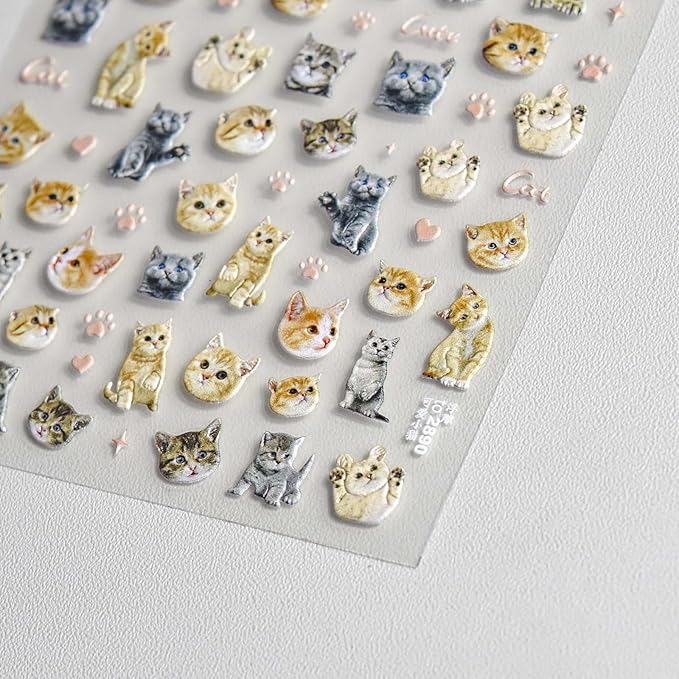 3 Sheets Cat Nail Stickers, Cute Nail Stickers, Cat Nail Decals, Cute Nail Art Stickers, Embossed Cat Claw Nail Stickers, Embossed, Cute Nail Supplies, Nail Art Stickers, DIY Nails