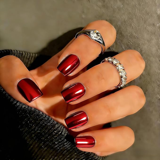 Chrome Press on Nails Short Square, Metallic Red Fake Nails with a Sparkle Mirror Finish, Glitter Glue on Nails for Women Birthday Party, Thick Quality Soft Gel Nail Press ons 30 Pcs