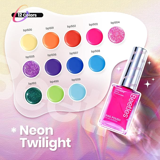 Beetles Quick Dry Neon Nail Polish Set - Glitter Rainbow Nail Polish Set 12 Colors Regular Air Dry Fingernail Polishs Pack for DIY Nail Art Salon Home Women Valentine Gift