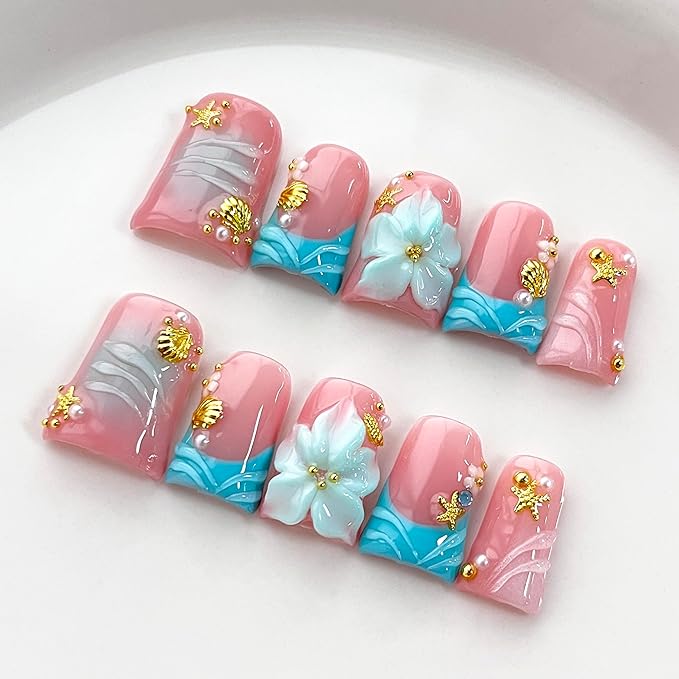 Luxury Press on Nails Short Duck Handmade 3D Unique Reusable ABS Material Fake Nails French Tip False Nails with Designs Flower Pearls Shell Blue Glossy Glue on Nail Thick Acrylic Nail(M)