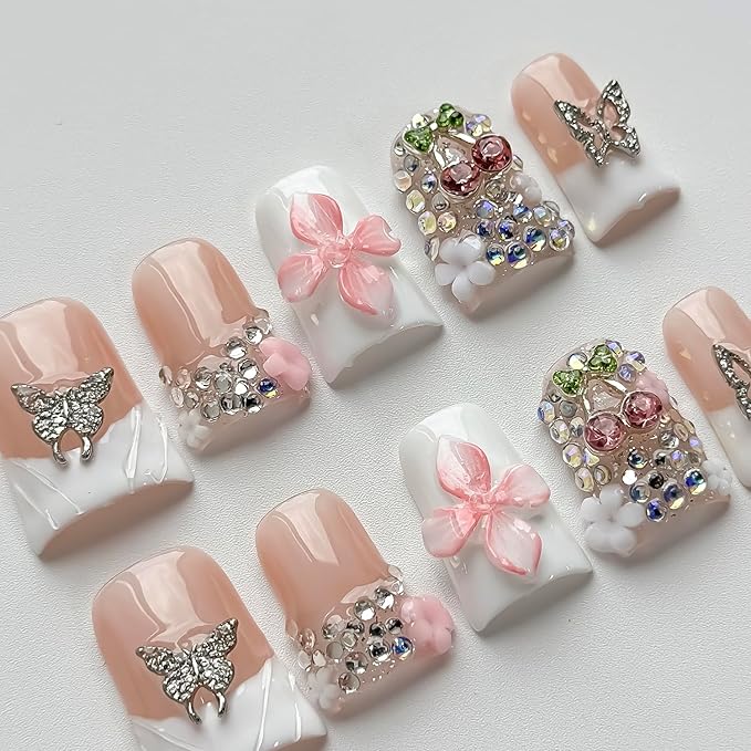 Luxury Press on Nails Short Duck Handmade 3D Unique Reusable ABS Material Fake Nails White French Tip False Nails with Designs Pink Flower Butterfly Glossy Glue on Nail Thick Acrylic Nail(M)