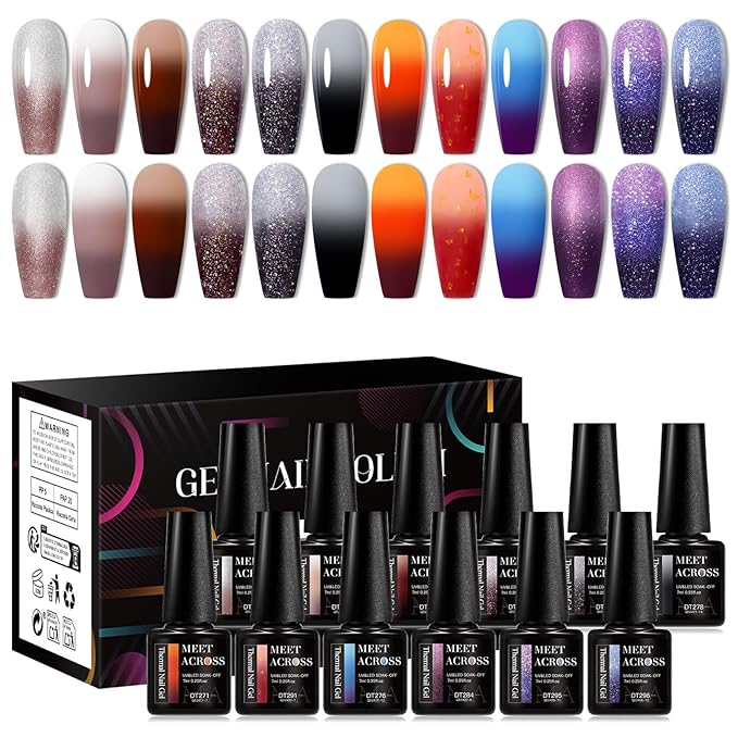 MEET ACROSS 12Pcs Color Changing Gel Nail Polish Set Brown Gel Polish Kit Fall Winter Glitter Temperature Mood Changed Nail Polish Gel DIY Salon Gift for Women