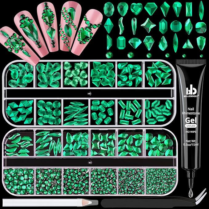 Emerald Green Glass Nail Rhinestones - 1680pcs Multi Shapes Flatback Gems + 1500pcs 1.5-4mm Round Crystal with Rhinestones Glue Gel for Nail Art