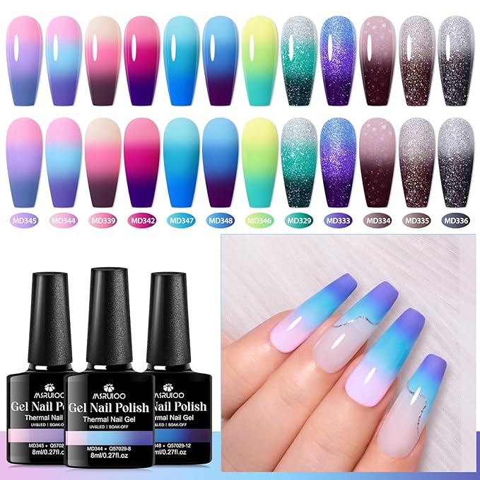 Color Changing Gel Nail Polish Set 12 Colors Temperature Mood Changed Glitter Gel Polish Soak Off UV/LED Nail Art Design Kit Gifts for Women Girls