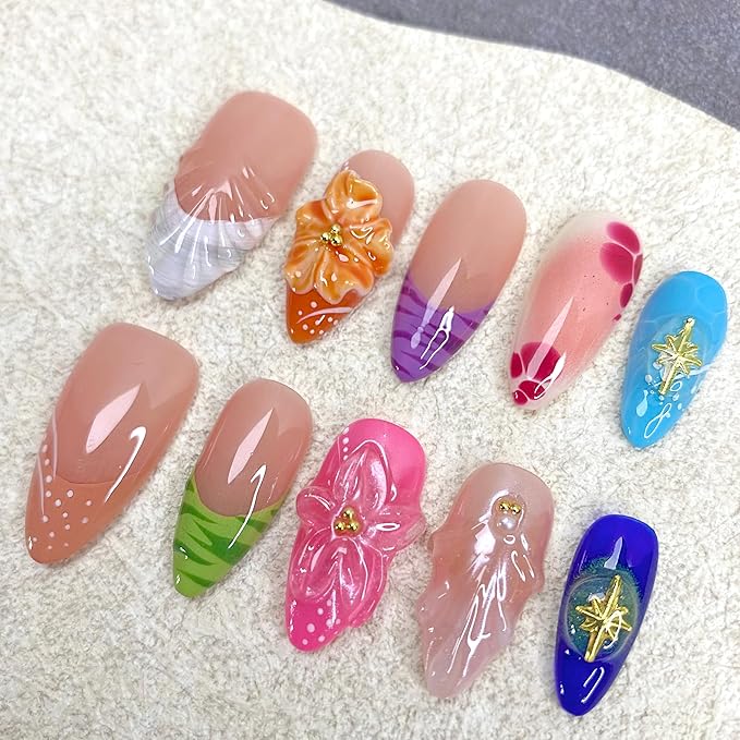 Medium - Medium Almond Handmade Unique Fake Nails, Artistic Design, Thick Acrylic and Muti-Layer Gel False Nails, Reusable Gel Cured Sturdier 3D Fake Nails, DIY Art Decorate-M size