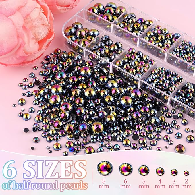 Flatback Pearls for Crafting with 3Pcs 10ml B7000 Jewelry Glue, 2 Boxes of Half Round Black AB Pearls, Bedazzling Beads for DIY Crafts Clothing Tumblers Shoes Embellishment Nail Art