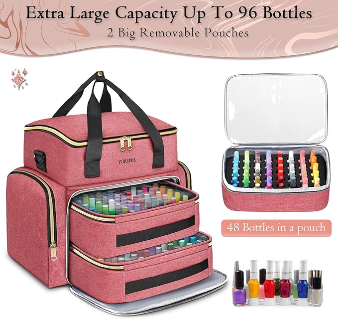 YOREPEK Nail Polish Organizer Case With Foam Inserts Protect Up 96 to 100+ Bottles (15ml/0.5 fl.oz) UV lamp, Travel Nail Tech Carrying Case with Adjustable Space for Gel Dip Powder Tips Set, Pink