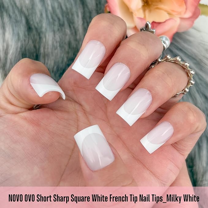 NOVO OVO Short Sharp Square White French Tip Nail Tips Press on MILKY WHITE, Need Builder Gel Top Coat Nail Glue, Soft Gel Fake Nail Extension, Full Cover False Nails for Salon DIY x 15 Sizes 240 pcs