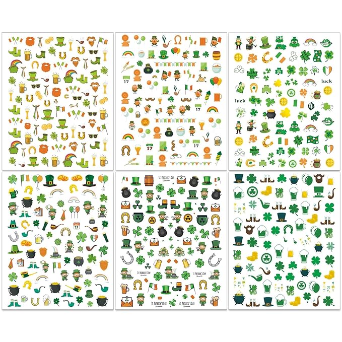 St. Patrick's Day Nail Art Stickers, Irish Shamrock Leprechaun Hat 3D Self-Adhesive Nail Decals Lucky Clover Design (6 Sheets)