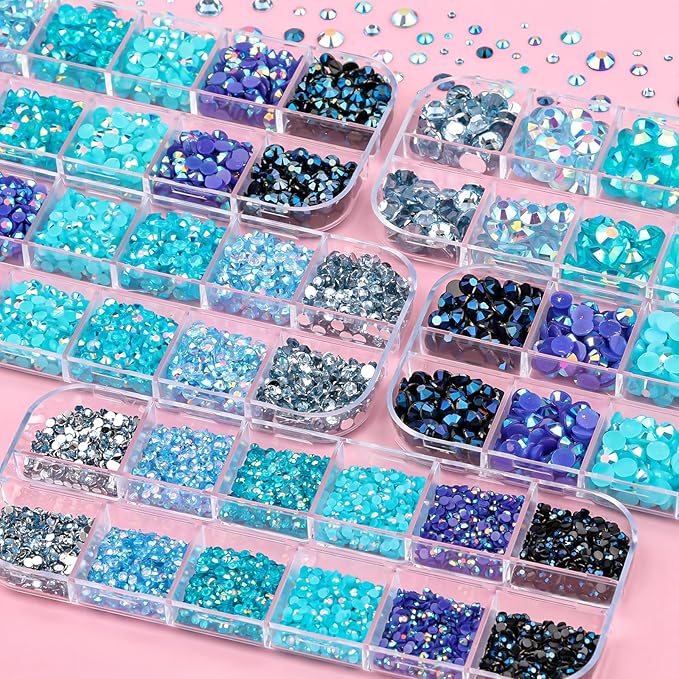 5 Boxes 12420pcs Sparkling Crystal Nail Rhinestones Kit, Flatback Multicolor Transparent Jelly AB Mermaid Gems with Pick Up Pen and Curved Tweezers for Manicure Salon & Craft DIY Designs (Blue)