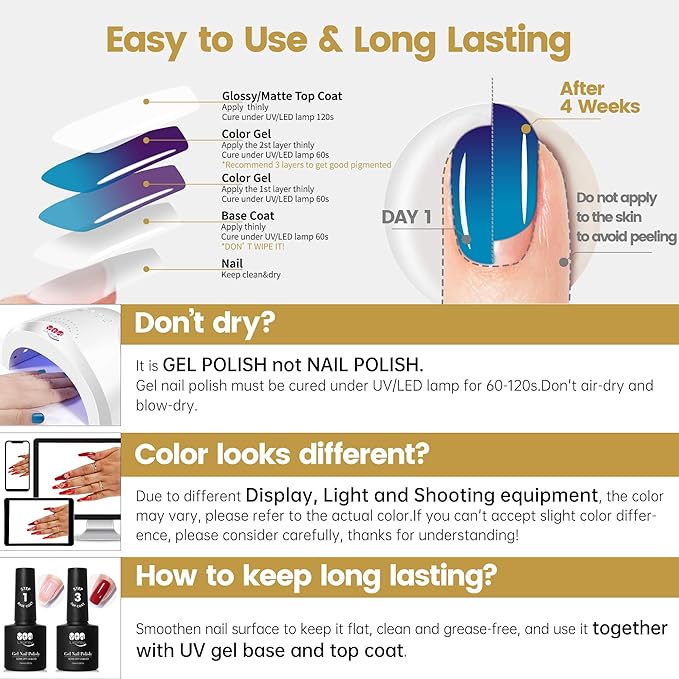 YTD Likomey Color Changing Gel Nail Polish,15ml Deep Purple To Turquoise Green Mood Temperature Change Colors,Thermal Ombre Home Salon Fall Winter Manicure UV Nail Gel,WB421