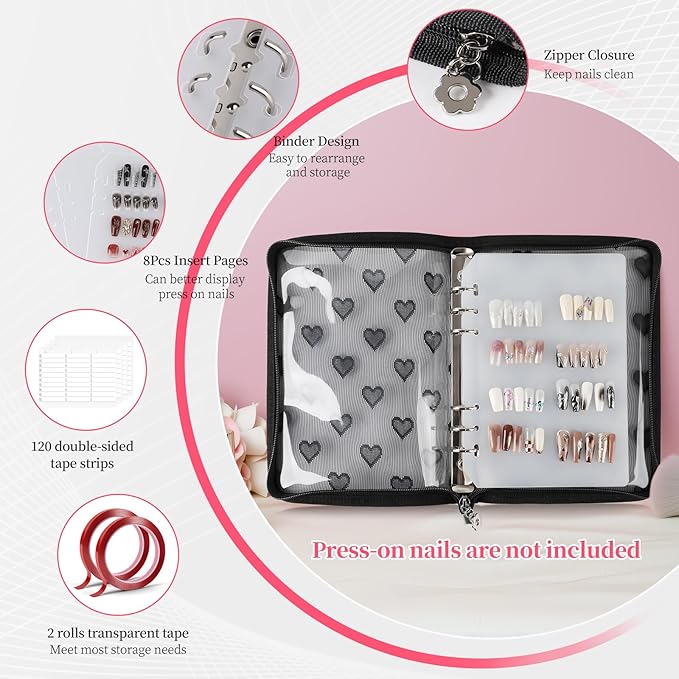 Press On Nail Storage Organizer Binder with 8 Insert Pages - A5 Size & Double Sized Tapes, Press on Nails Display Storage Book, Reusable Fake Nail Swatch Collecting Book (Black)
