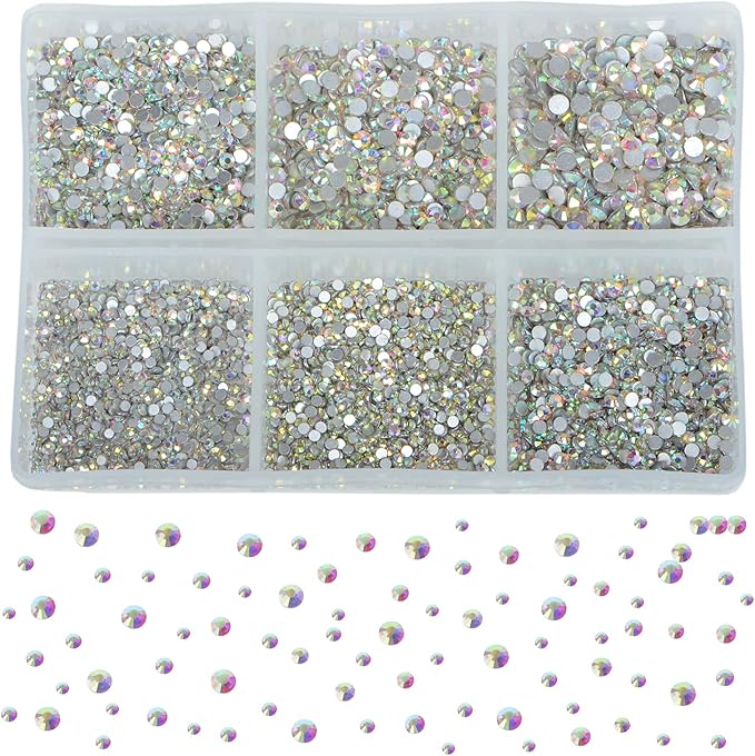 Bymitel 7200 Pieces 6 Mixed Sizes Glue Fix on Glass Rhinestones Round Crystal Gems Flatback for DIY Jewelry Making with one Picking Pen (6-Sizes 7200PCS, Crystal AB)