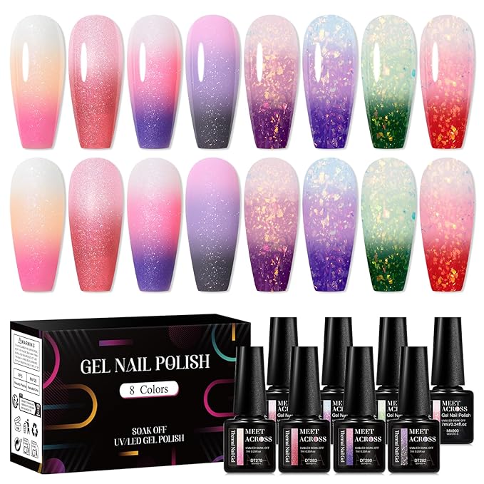 MEET ACROSS 8 Colors Color Changing Gel Nail Polish Set Glitter Pink Purple Temperature Mood Changed Gel Polish Kit Soak Off UV/LED Nail Art Manicure Gifts for Women Girls