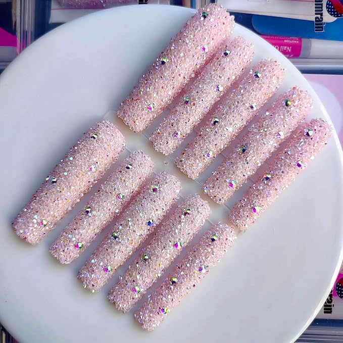 Xxl Press on Nails Extra Long Square Handmade Press-on Nails with Design Full Rhinestone Press Ons for women 10pcs M Size Pattern 1110