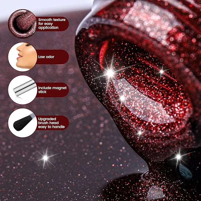 YTD Likomey Gel Nail Polish Set,Berry Red 2 Pcs 15ml Cat Eye Glitter and Translucent Blood Red Set,Fall Winter Magnetic Glitter Nude Neutral Jelly Fall Winter UV Varnish with Magnet Stick,0.5 Fl Oz
