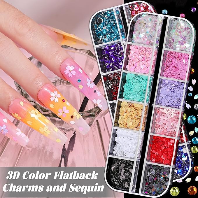 Nail Charms and Gems, Charms for Nails Design Kit with 10 Boxes 3D Nail Charms Colorful Clear Flat Back Rhinestones and Nail Pearls,Diamonds,Picker Tools, Nail Rhinestones and Charms for Nail Art