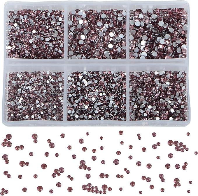 Bymitel 7200 Pieces 6 Mixed Sizes Glue Fix on Glass Rhinestones Round Crystal Gems Flatback for DIY Jewelry Making with one Picking Pen(6-Sizes 7200PCS, Lt. Amethyst)