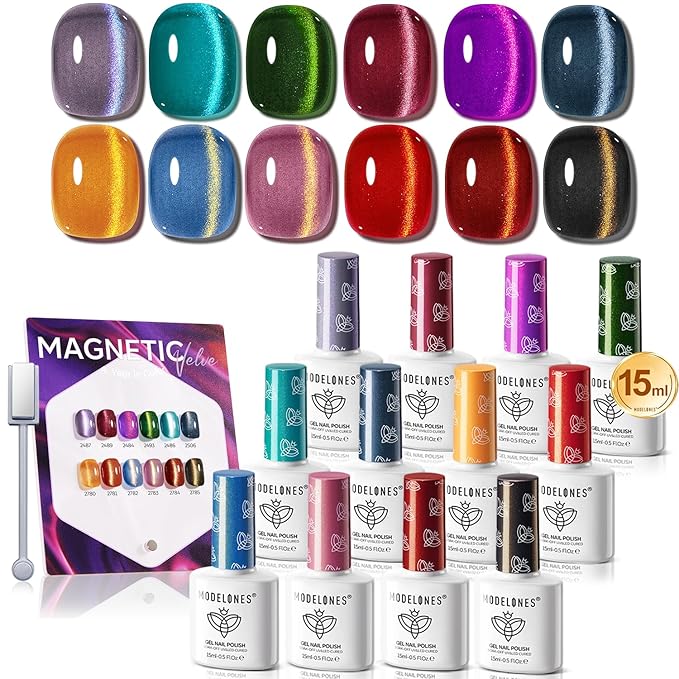 modelones 12Pcs 15ML Cat Eye Gel Nail Polish Set, Same Color Same Bottle Glitter Pink Red Green Purple Blue Cateye Gel Polish Set with Magnet Sparkle Series Hema-free Gel Polish Kit Soak Off Nail Art