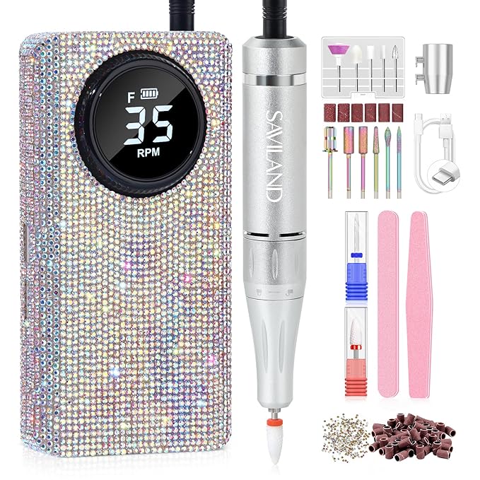 SAVILAND Professional Nail Drill Kit: 35000RPM Rhinestones Nail Drill for Nails Electric Nail File Professional Portable Efile with Drill Bits Nails Filer Buffer Salon Home Manicure Pedicure