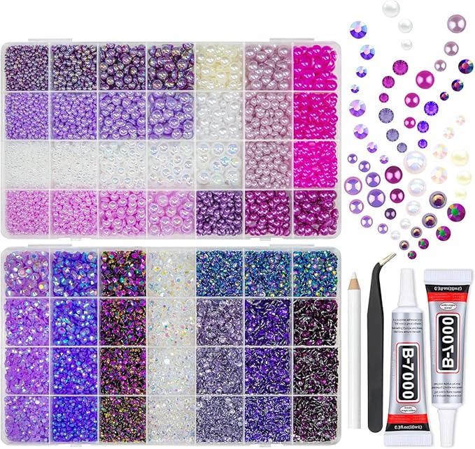 qiiipi 2 Big Boxes Purple Resin Pearls and Rhinestones w B7000 Glue for Bedazzling Crafting Flatback Stones Gems Diamonds Half Pearls Bedazzler Kit for Nails Eyes Face Makeup Tumblers Bottles Crafts