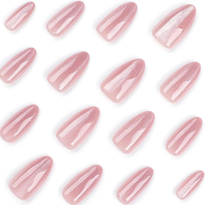 Almond Press on Nails Medium - Pink Fake Nails with Glitter Design - Glossy False Nails Full Cove Stick on - for Women 24 Pcs