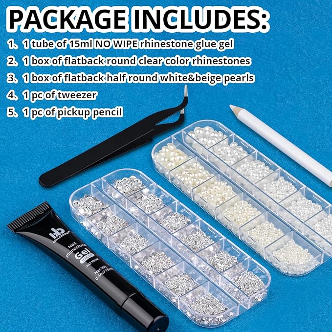 BELLEBOOST Nail Art Rhinestone Glue Gel&2 Boxes Flatback Gems Kit, 1 Tube of 15ml Rhinestone Gel Glue(UV/LED Needed)+Round Clear Gems+Flat-Back Half Round White&Beige Pearls with Pickup Tools