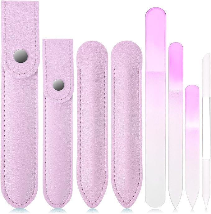 4 Pcs Glass Nail File Set, Glass Nail File & Cuticle Pusher, Glasss Nails Files with Leather Storage Bag, Nails Files Kit for Manicure Pedicure Toenail Buffer Cuticle Trimmer (Pink)