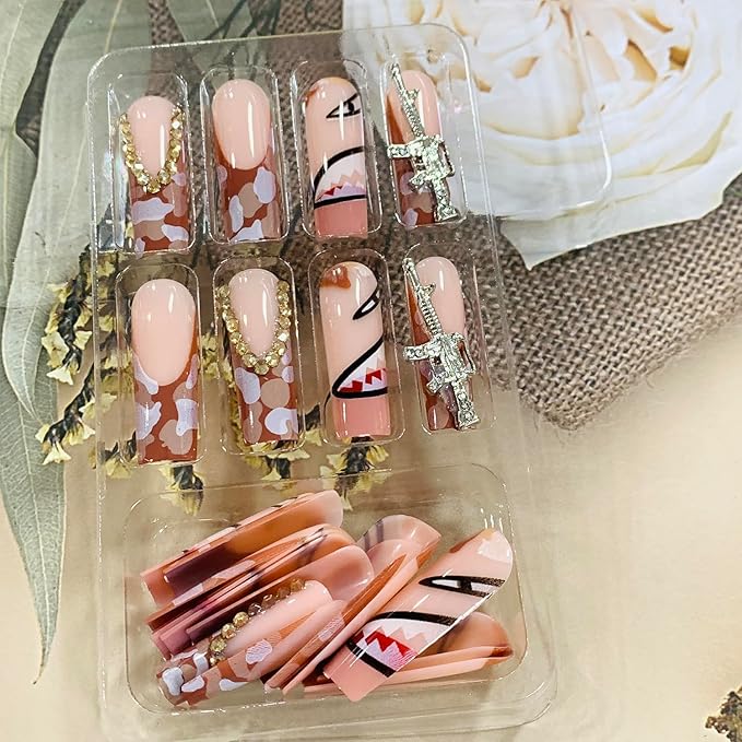 Press on Nails Coffin Long Length Acrylic Glossy Full Cover Square Shaped French False Nails with Designs Artificial Extra Long Fake Nails with Charms Glue ons Fingernails for Women(C006)