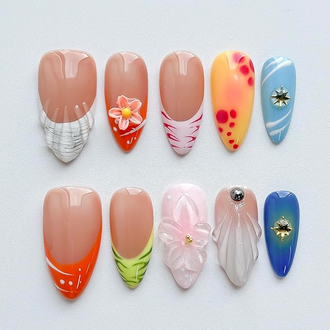 Luxury Press on Nails Medium Almond Handmade 3D Unique Reusable ABS Material Fake Nails French Tip False Nails with Designs Floral Shell Summer Glossy Glue on Nail Thick Acrylic Nail(S)