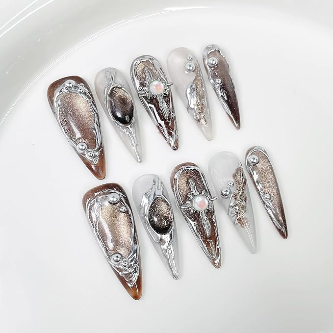 Handmade Long Press on Nails - Brown Cat's Eye Full Cover Fake Nails Glossy Almond False Nails with Embossed Swirl Design Acrylic Nails P ress ons Luxury Stick on Nail for Women 10Pcs(Size M)