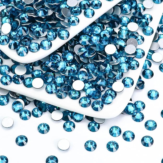 1440PCS SS8 Crystal Glass Flatback Rhinestones, Round Flat Back Crystal Gems for Nail Art and Craft Clothes, Glue Fix Diamond Stones Blue Zircon/Peacock Blue (2.3-2.5mm)