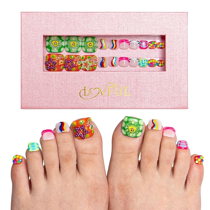 LOVFUL Handmade Acrylic Press on Toenails Lovkashi Flower | Salon Quality 20 PCS Free Size Toe Nails | Reusable Fake Nails for Toe | T65