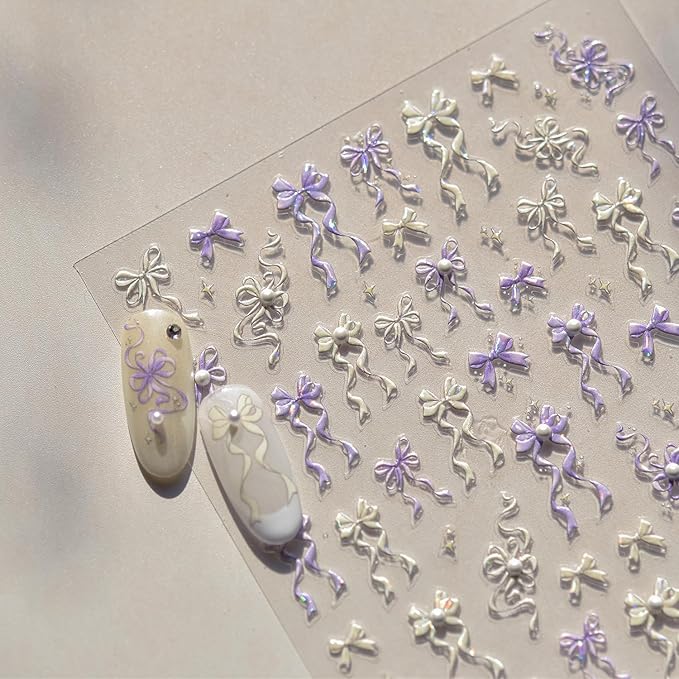 Bow Nail Stickers Ribbon Bowknot Nail Decals 5D Embossed with Pearl Design Self Adhesive Manicure Charms for Women Girla Kid Nails Supply Decoration