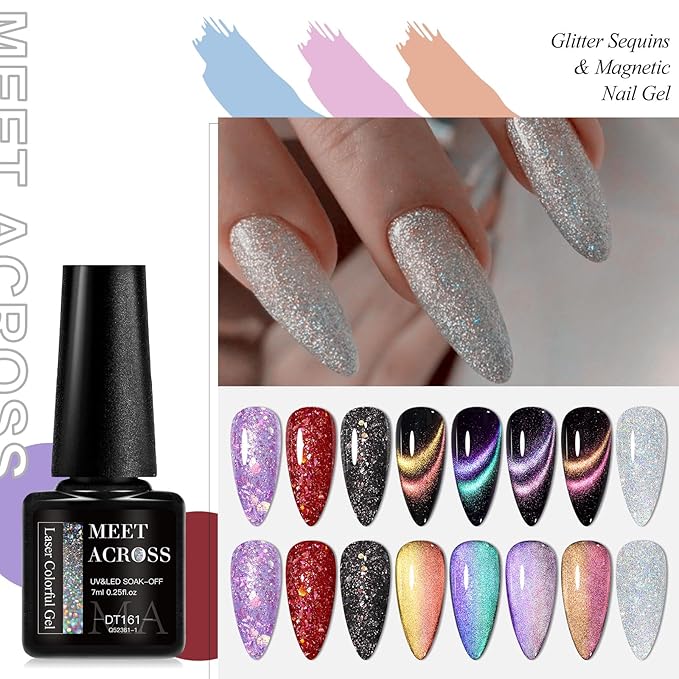 MEET ACROSS 8pcs Gel Nail Polish Set, Soak off UV LED Lamp Gel Nail Polish Cat Eye Set Home Gel Manicure Kit 7ml (Starburst Glitter + 9D Cat Eye Gel)