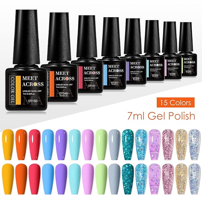 MEET ACROSS Red Blue Gel Nail Polish Set 18Pcs Glitter Gel Polish Kit 15 Colors Pink Orange Purple Collection Set Professionail Gel Manicure Kit Gift for Women
