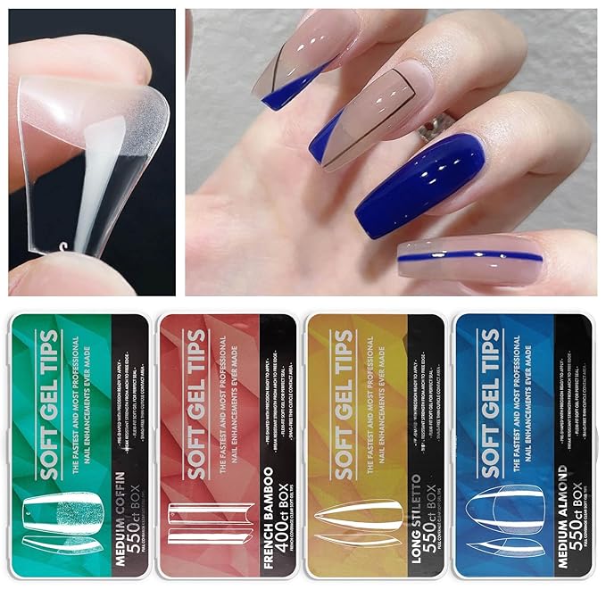 Soft Gel Curved Nail Tips, Full Cover Clear Gelly False Nail, Half Matte Acrylic Fake Nail, Press on Nail Tips Set for Extension, Home DIY Salon Manicure Nail art (Short Ballet 3, 550PCS)