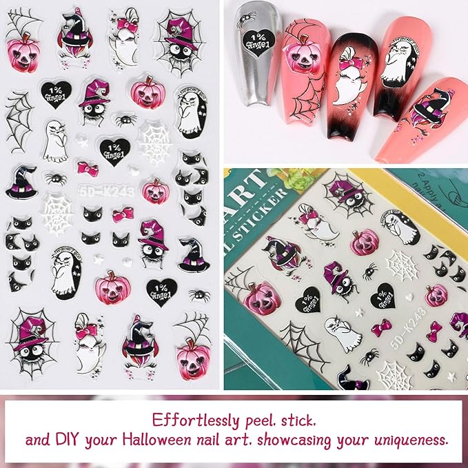 5D Self-Adhesive Nail Stickers for Halloween Nail Decals: DIY Nail Art Design with Bat, Ghost, Pumpkin, Spider Web, Witch, Skull, Bones, etc. Ideal for Halloween Party Supplies for Women (Pink)