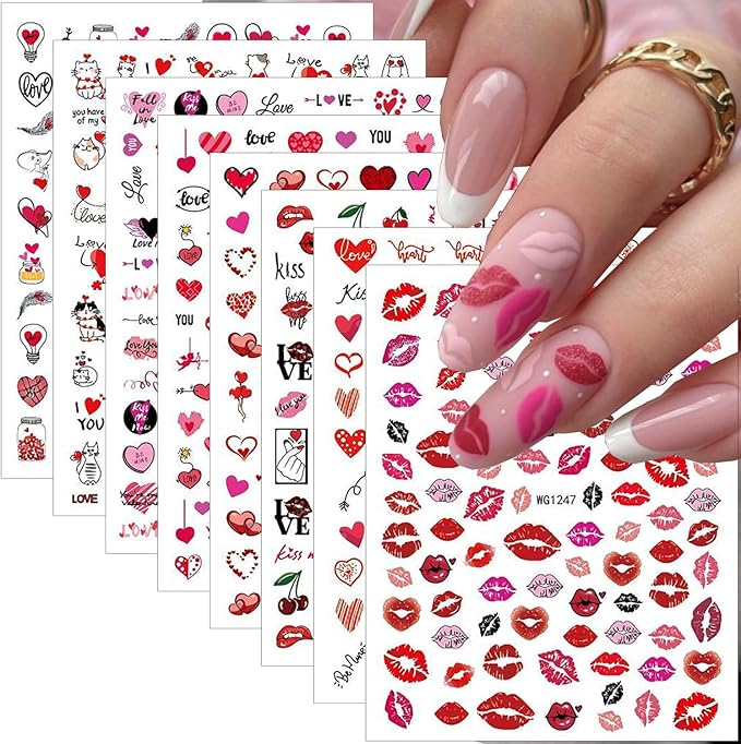 8 Sheets Valentines Nails Stickers 3D Self-Adhesive Heart Nail Art Stickers Cute Cartoon Nail Decals Red Lips Love Balloon Cat Light Cherry Designs Holiday Nails Art Supplies for Women DIY