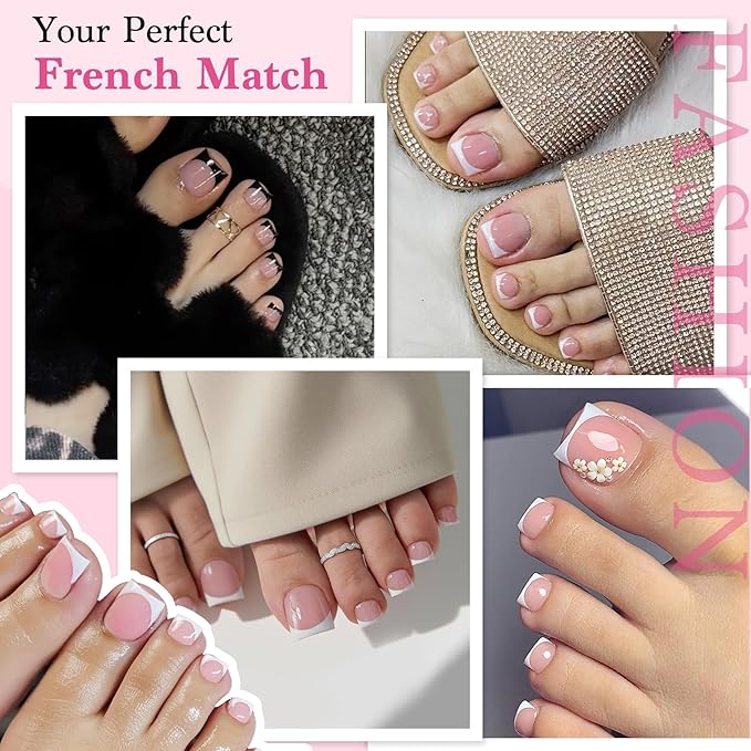 Toe Nails Press On French Tips for Women, 15 Sizes 150 Pcs Sharp Square Pre-applied Primer & Base Coat Toenail Press Ons Baby Pink Full Cover Fake Tips Extension, Builder Nail Gel & Top Coat Required