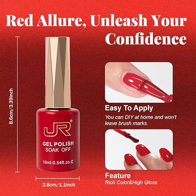 JR Red Gel Nail Polish Set, 16ml Full Size Bottle 6 Colors Red 9D Cateye Glitter Nail Gel Polish Gift Soak Off Led Nail Art Kit Salon DIY Colorful Bottle F