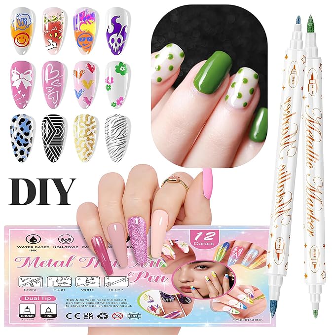 12 Colors Metallic Nail Art Pens Set, Double-Ended Nail Marker Pens for Nail Art Dotting Line Painting Designs, Water Based Quick Dry Paint Markers for DIY Manicure, Home & Salon Use