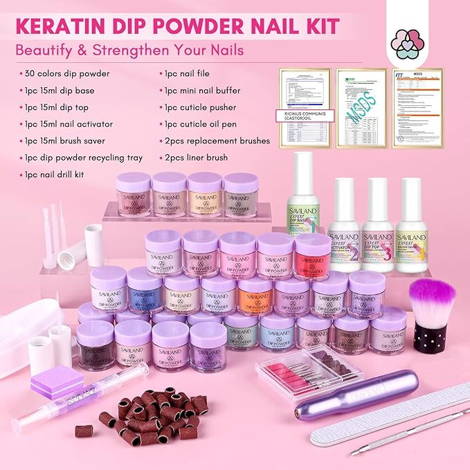 SAVILAND Dip Powder Nail Kit with Drill: Starter Set 30 Colors Summer Spring Keratin Dip Nails Powder with Dipping Liquid Set Activator Base Top Coat Cuticle Oil for DIY Manicure Art Christmas Gift