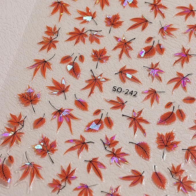 2 Sheets Fall Series Nail Stickers Maple Leaves Nail Art Stickers Autumn Iridescent Nail Decals with Orange Maple Leaves Designs Holographic DIY Self-Adhesive Nail Art Supplies