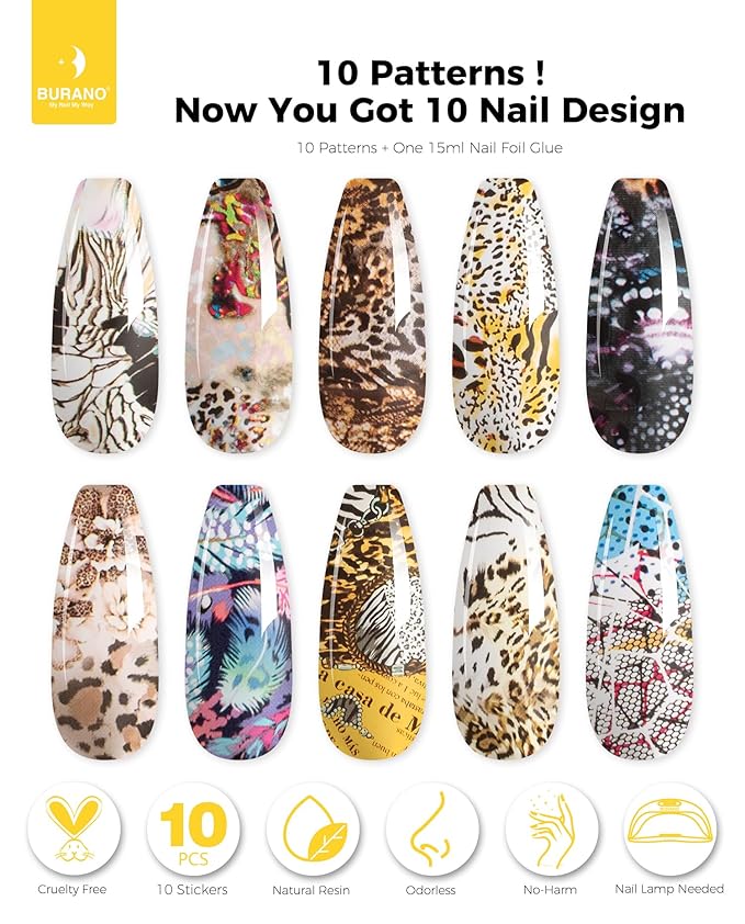 BURANO Nail Art Nail Foil Glue Gel, o.5 oz with 10PCS Foil Stickers Set Nail Foil Glue for Nails Foil Transfer Gel, Nail Design DIY UV LED Lamp Required (Fall 20)
