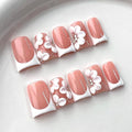 White French Tip Press on Nails Handmade Short Duck 3D Floral Thick Acrylic Nails Elegant False Nails with Flower Rhinestones Designs White Glossy Fake Nail Sturdy Wedding Art Press on Nail 10Pcs(S)